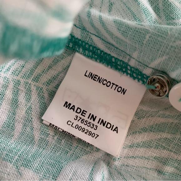 eShakti large Linen Blend Tropical Palm Button Down Shirt Aqua Mint Green - Picture 5 of 8